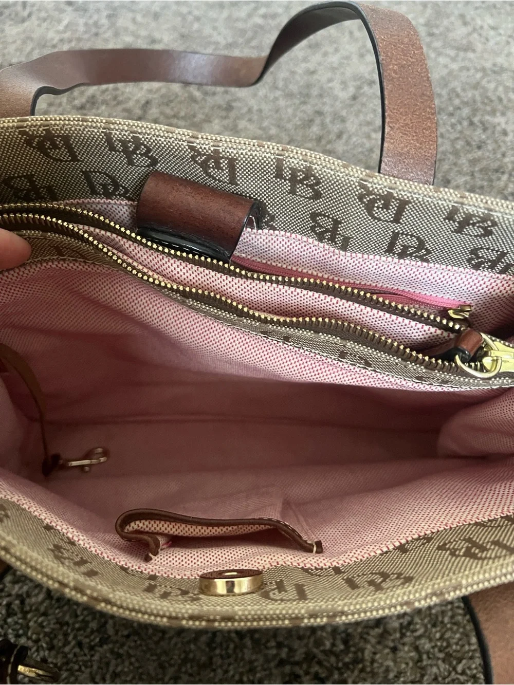 Vintage Dooney & Bourke Beige Signature Canvas Tote with Brown Trim